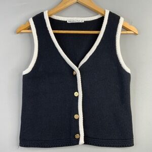 Abercrombie Fitch V-Neck Button Front Sleeveless Knit Vest Top Navy White S